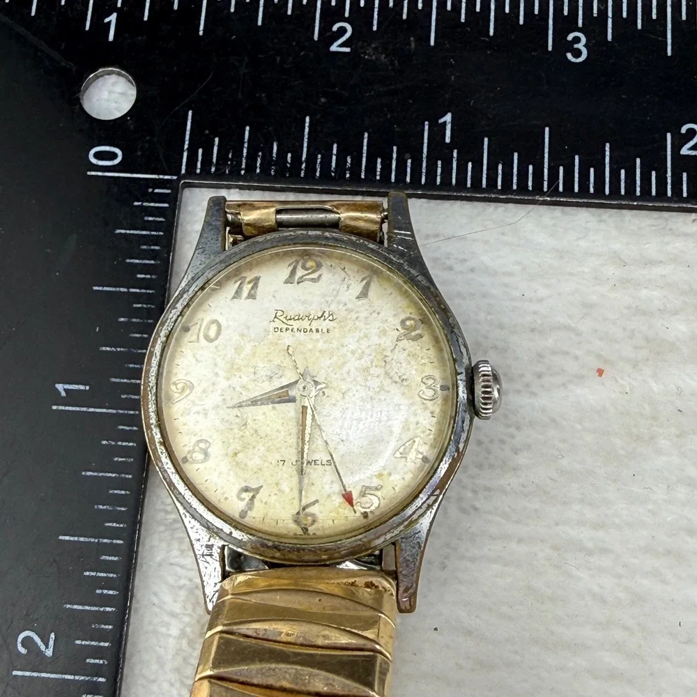 Rudolph's Dependable Watch 17 Jewels Manual Mens 6.25in NON WORKING